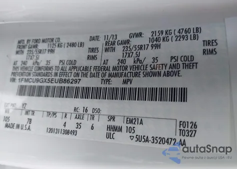 2014 Ford Escape Se z USA, uszkodzony, nr VIN 1FMCU9GX5EUB86297